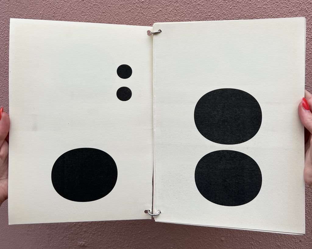 Open spread of a black and white booklet