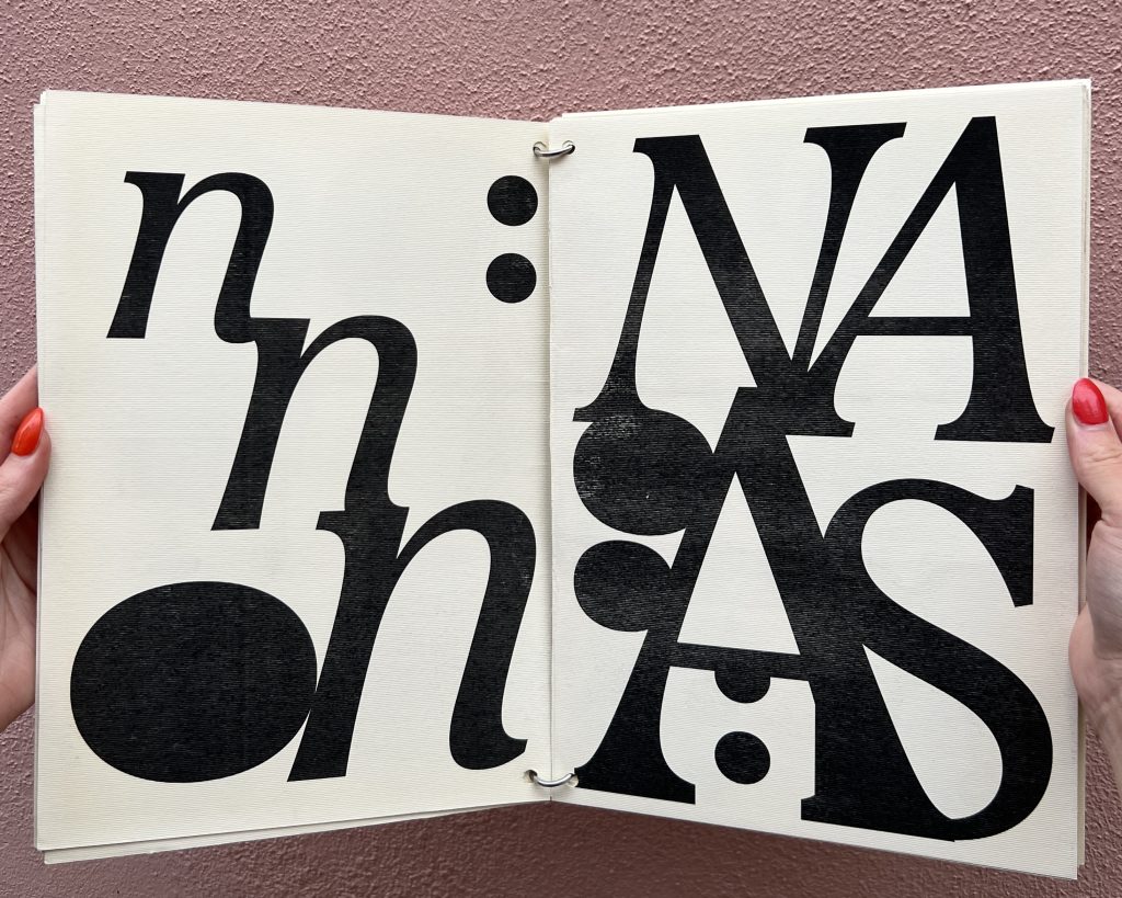 Open spread of a black and white booklet