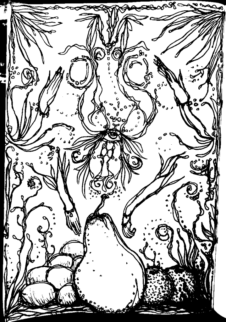 Black and white pen illustration of fruits and hands.